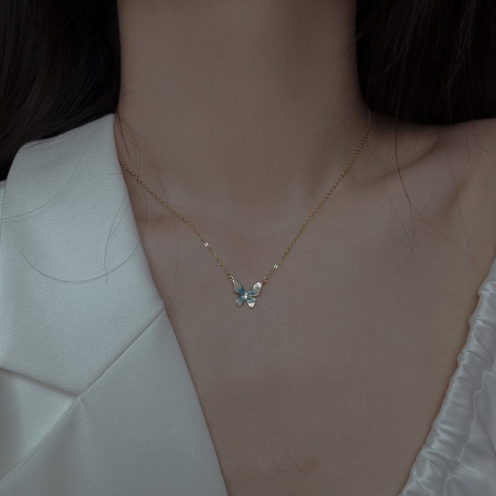 NEW Silver Gold Butterfly Blue Drop Glaze Necklace - Picture 8 of 8